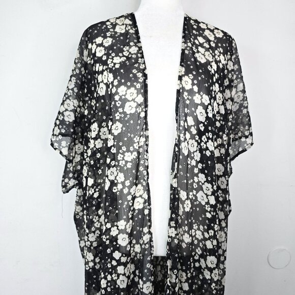 NWT LC LAuren COnrad Black White Floral Open Front Flowy BOho KImono Cardigan OS - Picture 4 of 10